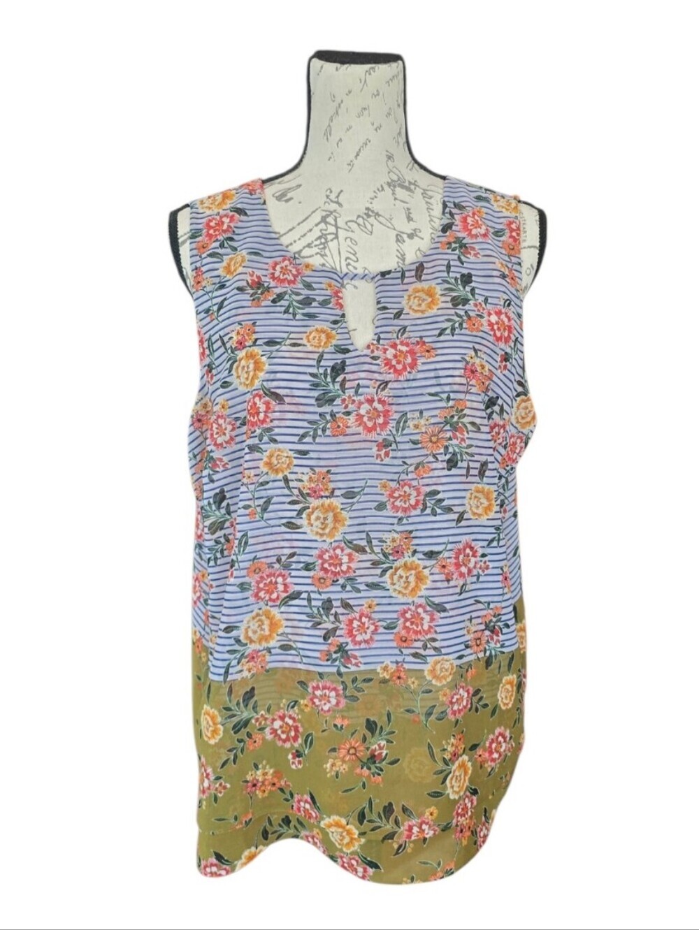 Cabi Penelope Floral Blue Green Layered Sleeveless Blouse L